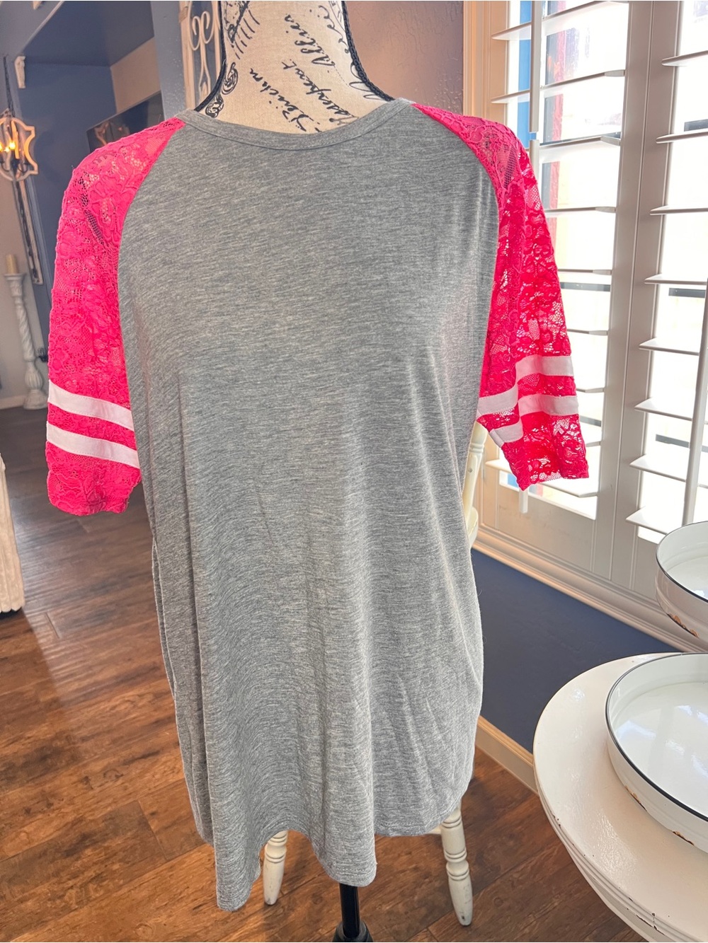 torrid Gray Tee with Hot Pink Lace Raglan Sleeves